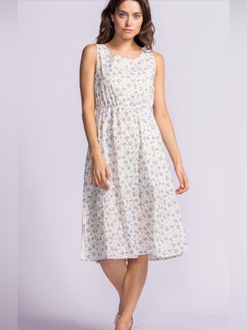 Pink Martini Forget Me Not Dress Blue White Purple Floral Print 100% cotton midi - Picture 2 of 8